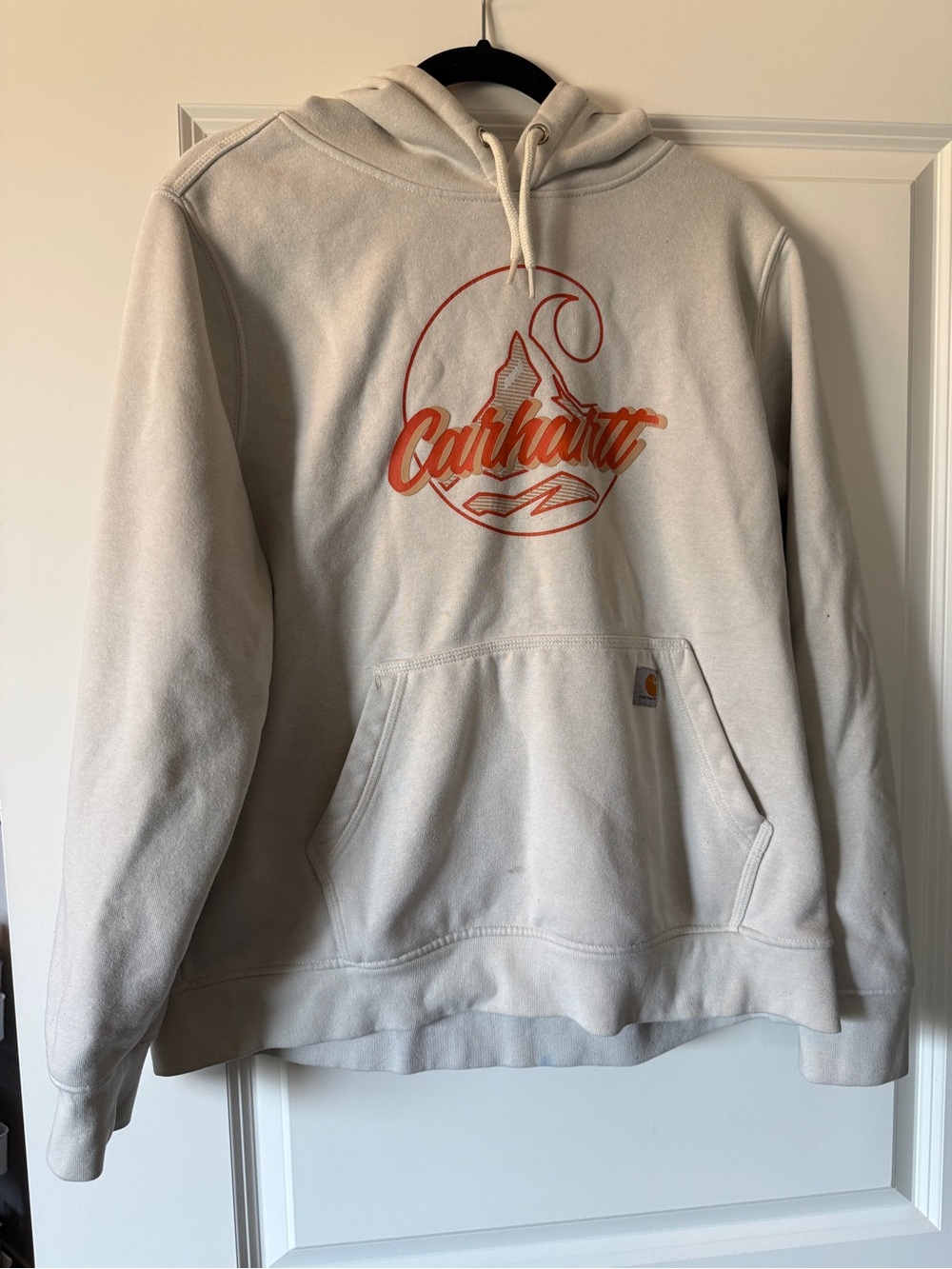 Carhartt Cream Pullover Hoodie with Orange Logo Graphic